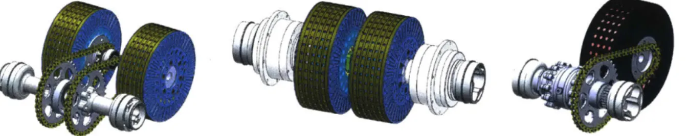 Figure 2-1:  The  baseline  two motor with  chain  drive configuration  (left),  two motor  with  planetary  gearboxes (center),  and  single  motor with  chain drive  and differential  (right)