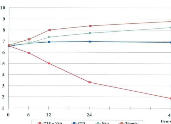 Figure n03 : Cinétique de l'activité de l'association céfotaxime + vancomycine (concentration: Y2 x CMI)