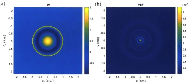 Figure  2-2:  Calculation  of  the  phase  factor  and  point  spread  function  of  a  spheri- spheri-cally  aberrated  beam  - The  evaluation  of the  phase  factor  W(q)  (a)  and  point  spread function  PSF(r) (b)  for  a beam  affected  by spherical