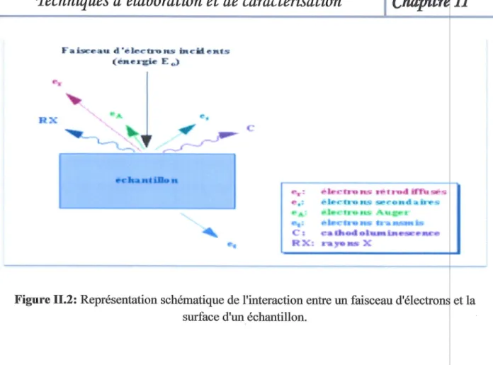 Figure  II.2:  Repr6sentation  schdmatique de  I'interaction  entre  un  faisceau  d' surface  d'un  6chantillon.