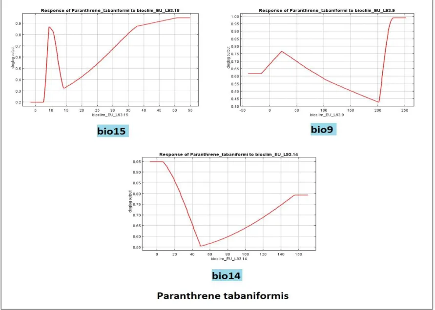 Figure 11 Courbes de réponse des 80 calibrations individuelles pour Paranthrene tabaniformis aux variables climatiques testées