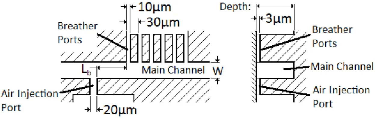 Figure 13: Layout of device, showing relevant dimensions.  The depth was 300 μm for the  downstream breather design and 130 μm for the bubble-pass breather