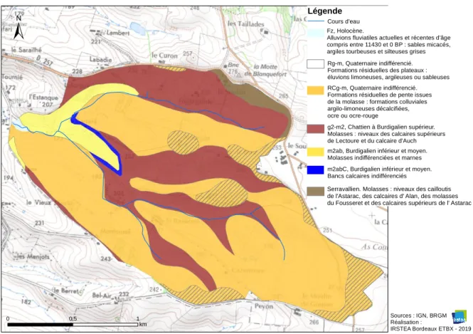 Figure 6 : Carte géologique du bassin versant d'Auradé (IGN, BRGM)   