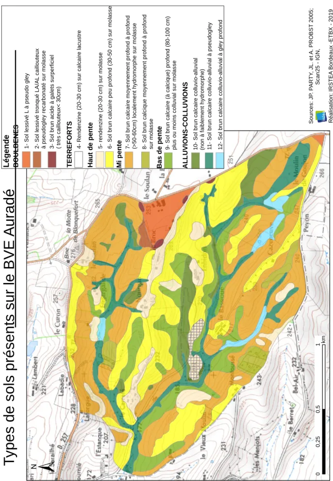 Figure 8 : Cartographie des différents types de sol présents sur le BVE (Party et Probst, 2005)5- rendenzine (20-30 cm) sur molasse6- Sol brun calcaire peu profond (30-50 cm) sur 