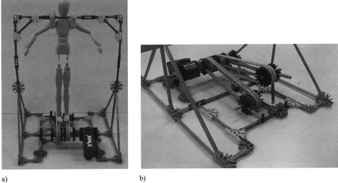 Figure 3-2.  K'nex scaled proof-of-concept,  a) system  with  12&#34;  mannequin,  b)  close-up  of treadmill concept.