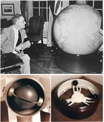 Fig. 3 Top: “President Roosevelt and his globe,” 1942, photo courtesy of FDR Library; bottom: support base and mechanism detail showing ball rotating in swiveling cup, photos courtesy of Sylvia Sumira