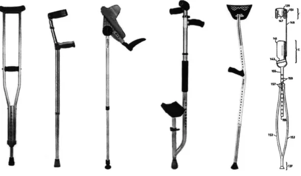 Figure 2: Common  and lesser-known  crutch designs.  From left to right: Axillary  or