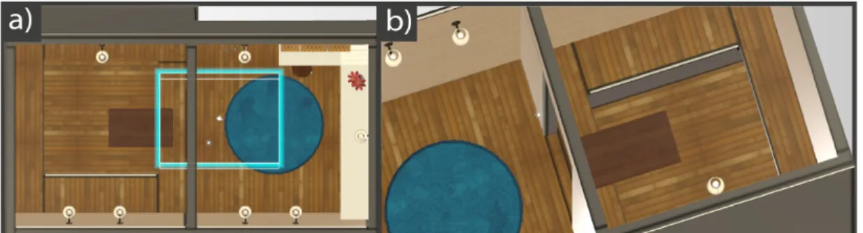 Figure 4.3: Visualization of the top view of first VE design (a) and the stimulus room ledge (b)   In its first experimental evaluation, the design was tested on two MIT students: one with reported  acrophobia,  and  one  without