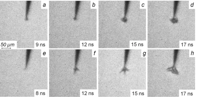 Figure 4.9 Two discharge modes observed in ethanol at 5.5 kV. a) – d)  Development of slow discharge mode at 5.5 kV, a) – d) Development of fast mode 