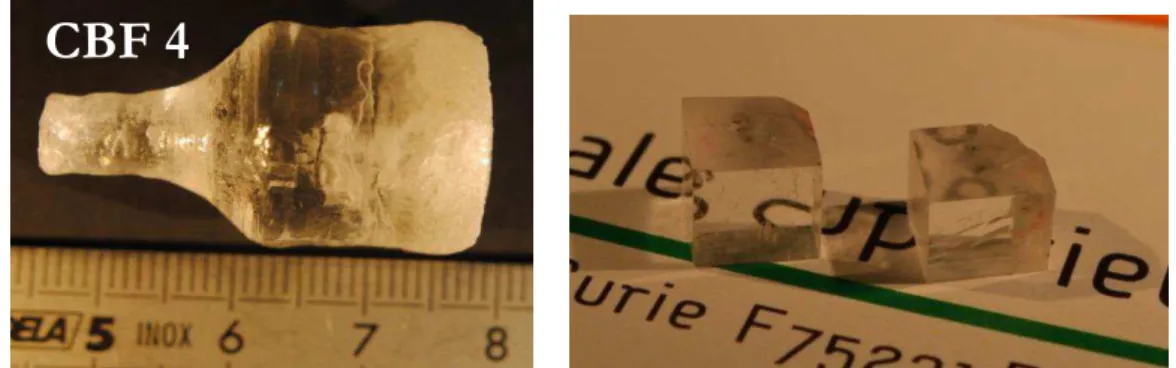 Figure 2.24 : photo du cristal CBF 4 et de deux cubes de dimensions 5 x 5 x 5 mm 3  taillés pour  la GTH à 343 nm en type II