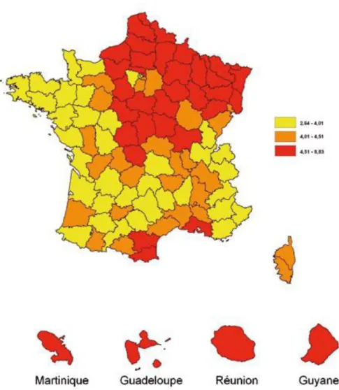 Figure 1 : Taux standardisés de prévalence du diabète traité, par département, en 2009 (Régime  général de l’assurance maladie, France [6] 