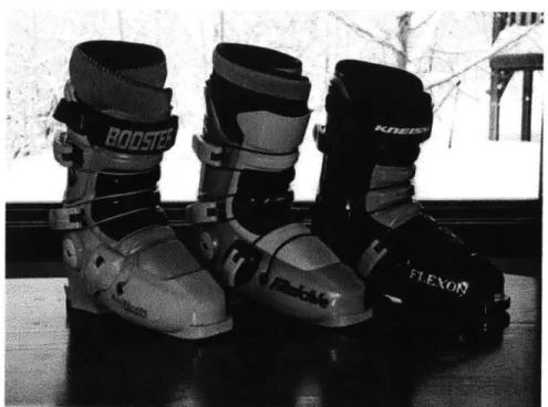 Figure 9:  Modern  Full tilt boot juxtaposed with the  much older Raichle model, showcasing the lack of change in ski boot design in the last 30 years