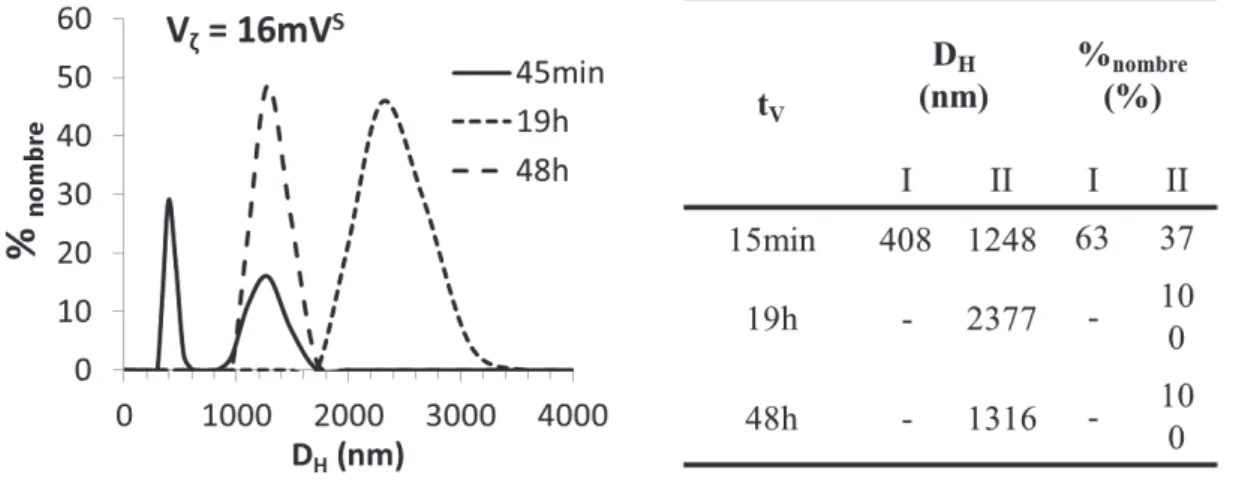 Figure 51 : Représentation graphique (haut) et résultats numériques (bas) du suivi cinétique de la croissance  d’hétéroagrégats du système GS53 (R=2%) vieillis pendant deux jours à pH 8, le potentiel zêta calculé selon le 