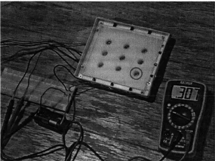 Figure 9:  Experimental  setup.  Using  one  AA  battery as  power,  the leads  of one  "top" circuit path and one  "bottom" path are  connected  to a  voltmeter
