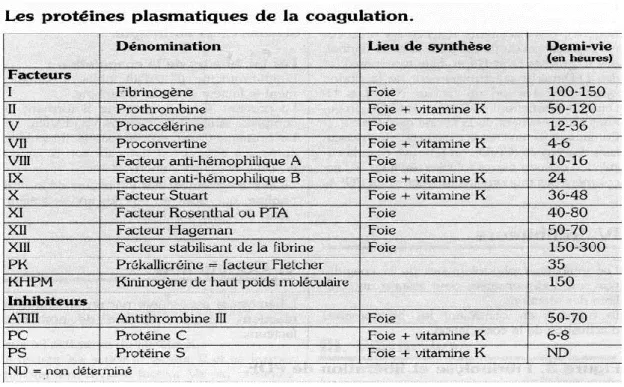 Fig. 1 : facteurs de coagulation et leurs demi-vies (selon F. Balédent) 