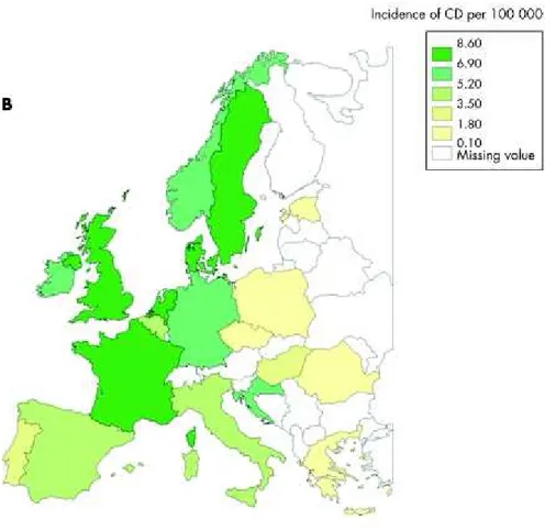 Figure 2 : Incidence de la maladie de Crohn en Europe d'après Frangos, Inflammatory bowel disease, 2007