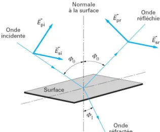 Fig. 2.12 : Direction des ondes lumineuses et des polarisations en ellipsométrie.