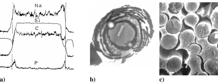 Figure 5 : Profils EDX de concentration des éléments Na, Si, C et P au travers d'une fibre Nicalon  NLM 202 dans une matrice riche en sodium (a); noter l'interface de carbone enrichie en sodium et  phosphore se formant à l'interface fibre-matrice