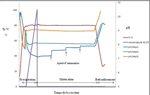 Figure I-6:  Enregistrement des paramètres (T réaction , Volume de solution de NH 4 H 2 PO 4  ajouté  (mL) et pH) au cours de la synthèse de HAp2 ainsi que HAp4 et HAp5 (2g) en mode pH ‘stat’ de  8 et 9, respectivement 