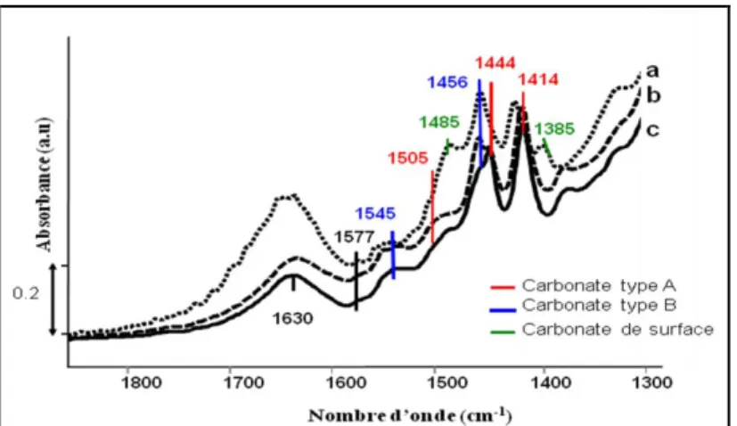 Figure I-17: Les spectres absolus de HAp6  en  DRIFT  pris  à  50°C sous flux  d’argon (ν CO ) (a)  avant chauffage, (b)  à 350°C et (c) à 600°C