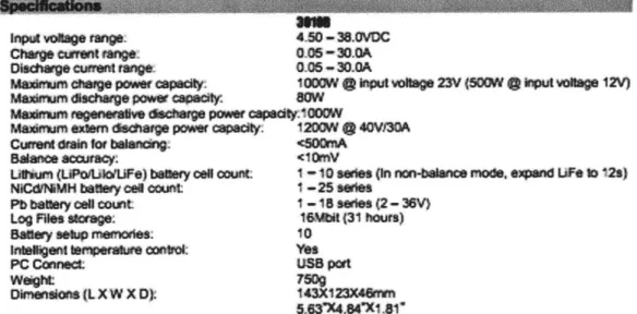 Figure 2.4:  iCharger 3010B Battery  Charger  Specifications  [4]