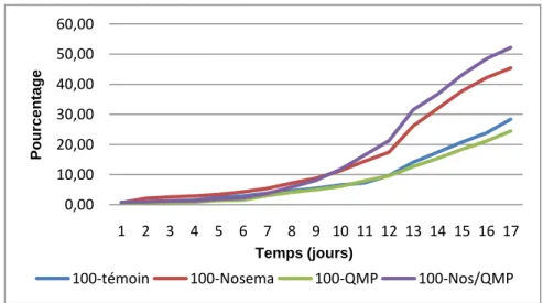 Figure 8 : Pourcentage de mortalité cumulative dans les cagettes de 100 abeilles 