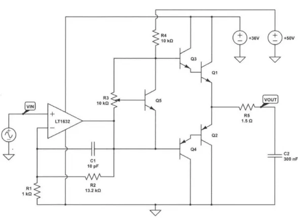Figure  3.5:  The  amplifier  for  the  analog  drive  waveform,  consisting  of  an op-amp  configured  as  a  non-inverting  amplifier  and  a  Class  AB  amplifier  as the  output  stage.