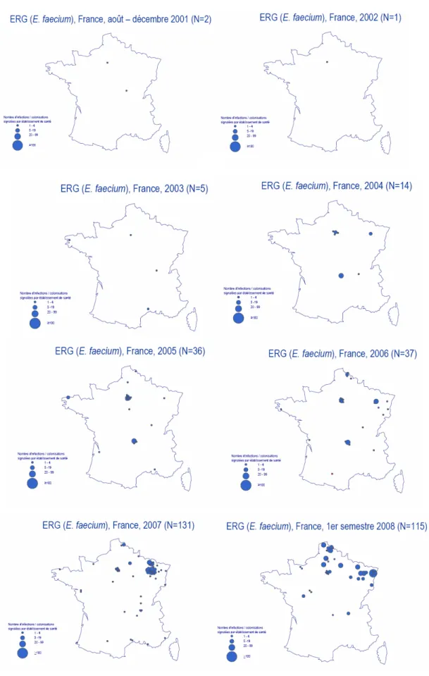 Figure 10 : Evolution géographique du nombre de E. faecium résistants aux glycopeptides en France,  2001-2008 [72] 