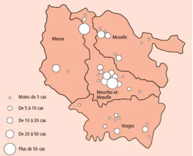 Figure 12 : Cartographie des 36 établissements lorrains concernés par l’ERG, hors CHU de Nancy,  France, au 31 juillet 2008 [75] 