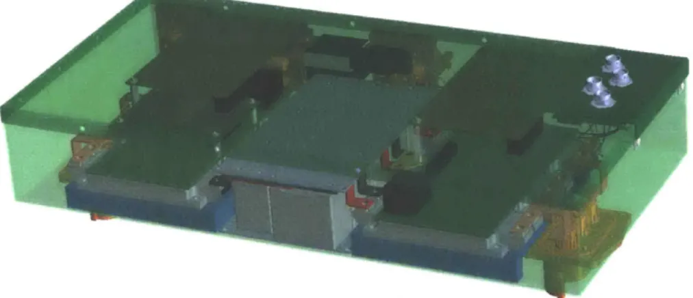 Figure  2-4:  HV  box  with  cold  plates  highlighted  in  blue.  Motor  controllers  sit  on  the cold plates.