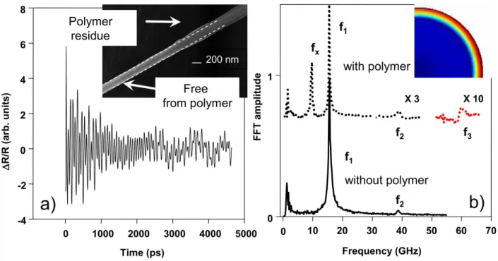 Figure 2.8: (a) Signal de réflectivité relative obtenu sur un nanofil de cuivre de 200 nm de diamètre suspendu au-dessus d’une tranchée de silicium