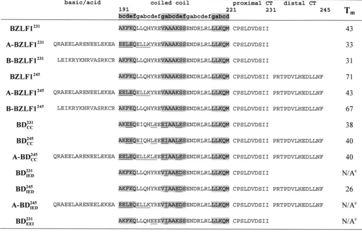 Table 2.1  Sequencesa  and melting  temperatures  (*C)b  for BZLF1  and design  constructs.