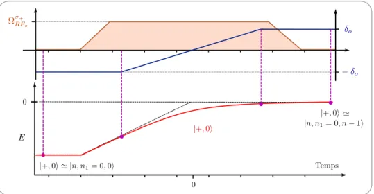 Figure I.7 – Diagramme représentant de façon schématique l’évolution de la puissance du champ radio- radio-fréquence (courbe marron) et du désaccord (courbe bleue) lors du passage adiabatique