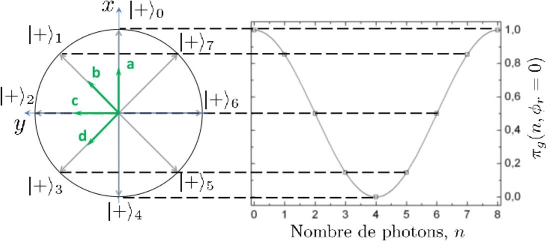Figure II.2 – Directions de mesure du pseudospin atomique. À gauche : le plan équatorial de la sphère de Bloch