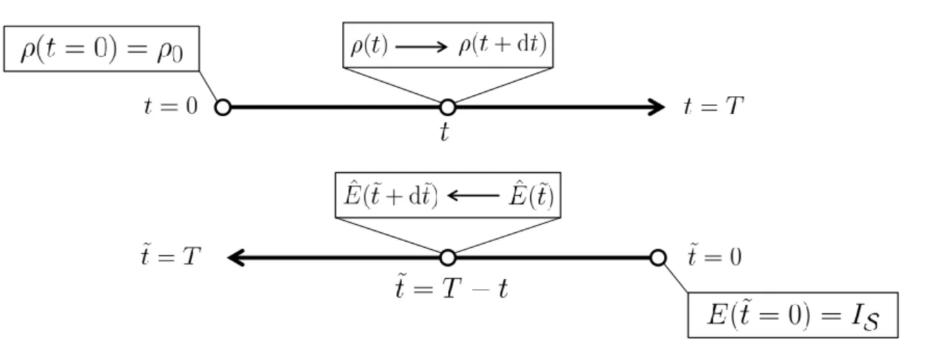 Figure II.6 – Intégration des équations pilotes. L’évolution de la matrice d’effet ˆ E se fait en « remontant le temps » depuis la fin d’une réalisation de l’expérience.