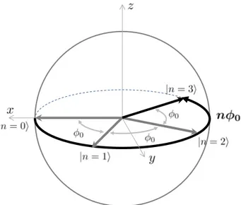 Figure I.18 – Évolution du spin atomique lors de l’interaction dispersive avec le champ quantique préparé dans un état de Fock | n i , dans le référentiel tournant à ω at 