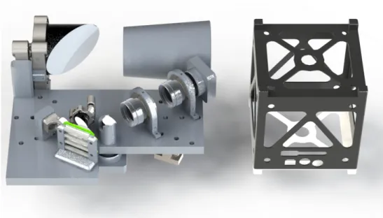 Figure 4: Prototype payload optomechanical layout. Rendering of the preliminary payload mechanical layout (Credit A
