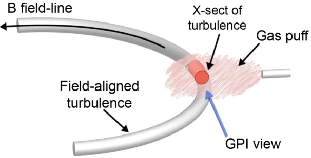 Figure 2-4: Overview of the mechanics for gas-puff imaging. The neutral gas is puffed perpendicular to the local magnetic field, and the line emissions are then observed by the fast-camera pointing parallel to the magnetic field at the point of interaction