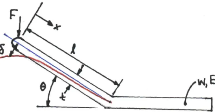 Figure  2.5.  The  basic set  up  of  the model  for  the  calculations.  x is the  distance  from  the  tip of  the cantilever,  F is the  force  at the  end  of the beam  exerted upon  it by  the wall,  8 is the  original  angle of the  cantilever, E is 
