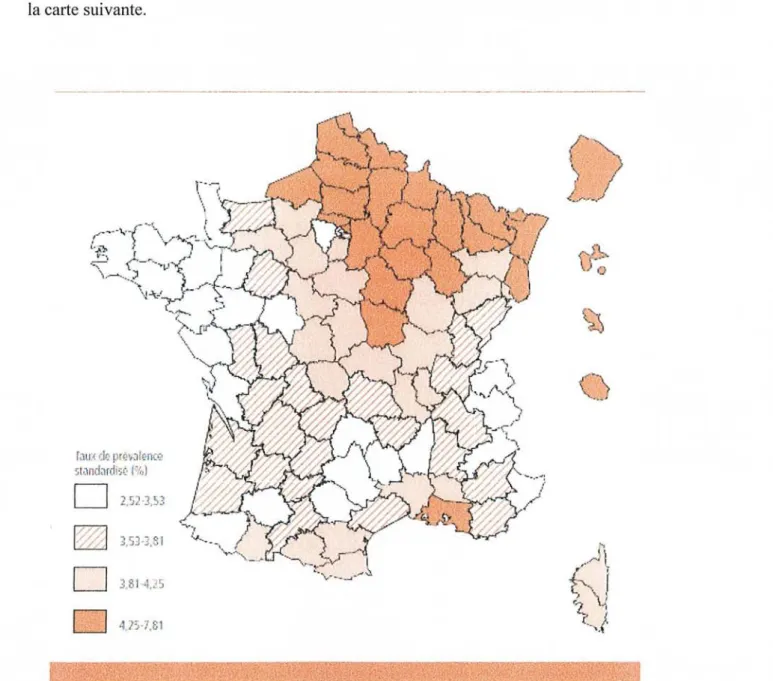 Figure 1 :taux standardisés de prévalence du diabète traité par département en 2007 (régime général de l'assurance maladie, France) [6]