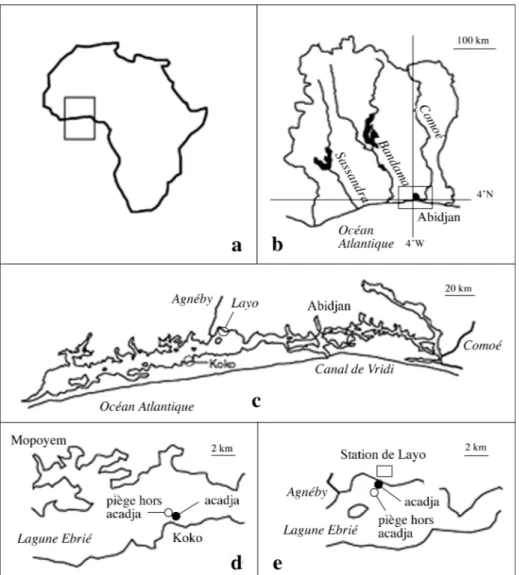 Fig. 1. – Carte de Côte d’Ivoire (b), en Afrique de l’Ouest (a) : situation en lagune Ebrié (c) des sites d’étude de Layo (e) et Koko (d)