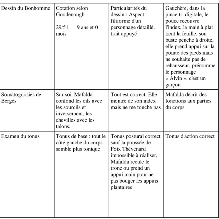 Tableau 3 :Observations suite à l'examen de Mafalda le 20/12/2017  Dessin du Bonhomme   Cotation selon 