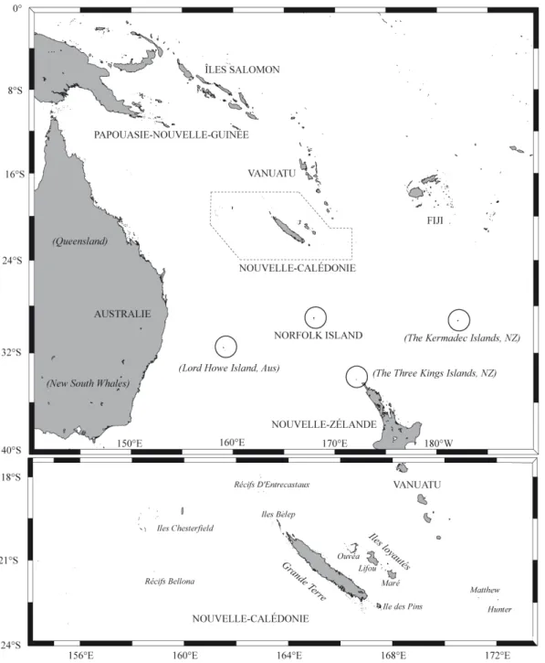 Figure  24.  Carte  de  situation  de  la  Nouvelle‐Calédonie  dans  le  Pacifique  Sud‐Ouest  et  détail  de  la  ZEE  Calédonienne (Lydiane Mattio, com. pers.) 