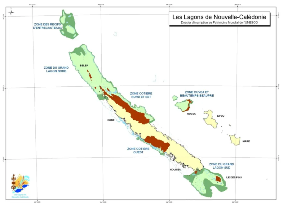 Figure 25.Carte de répartition des lagons de Nouvelle‐ ĂůĠĚŽŶŝĞŝŶƐĐƌŝƚƐĂƵWĂƚƌŝŵŽŝŶĞDŽŶĚŝĂůĚĞů͛hE^K; source :www.unesco.org)