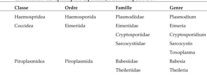 Tableau 1. Classification des Apicomplexa. 