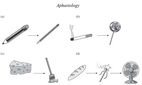 Figure 2. Administrative change in visual representation of pencil to a more stereotypical shape (a), cultural change from cigarette to lollipop (b), language change from French target and phonemic foil pair “cuillère/gruyère” (spoon/type of cheese) to Eng