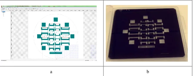 Figure 2-20: Réalisation du masque : (a) : interface Clewin® ; (b) : masque réalisé  La lithographie optique comprend trois grandes étapes : 
