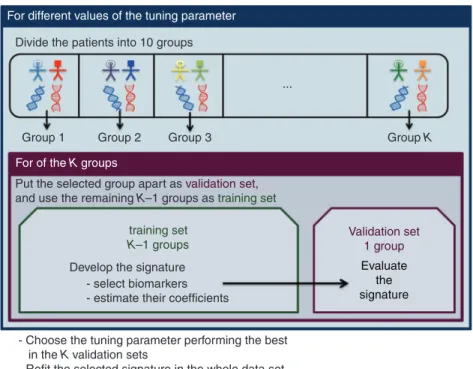 Figure 4. K-fold cross-validation process to develop a signature and to limit overﬁtting in the evaluation of the magnitude of treatment beneﬁt according to gene signature values, when only one single randomized controlled clinical trial is available.