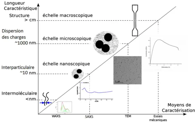Figure 1.4 : Liens entre les différentes longueurs caractéristiques des nanocomposites et les  moyens d’essais permettant de les caractériser