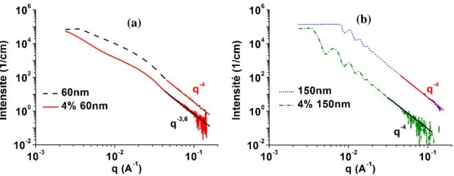 Figure 2.15 : Analyses de Porod (a) de poudres de nanoparticules 60nm et des  nanoparticules contenues dans le nanocomposite 4%/60nm et (b) de poudres de  nanoparticules 150nm et des nanoparticules contenues dans le nanocomposite 4%/150nm